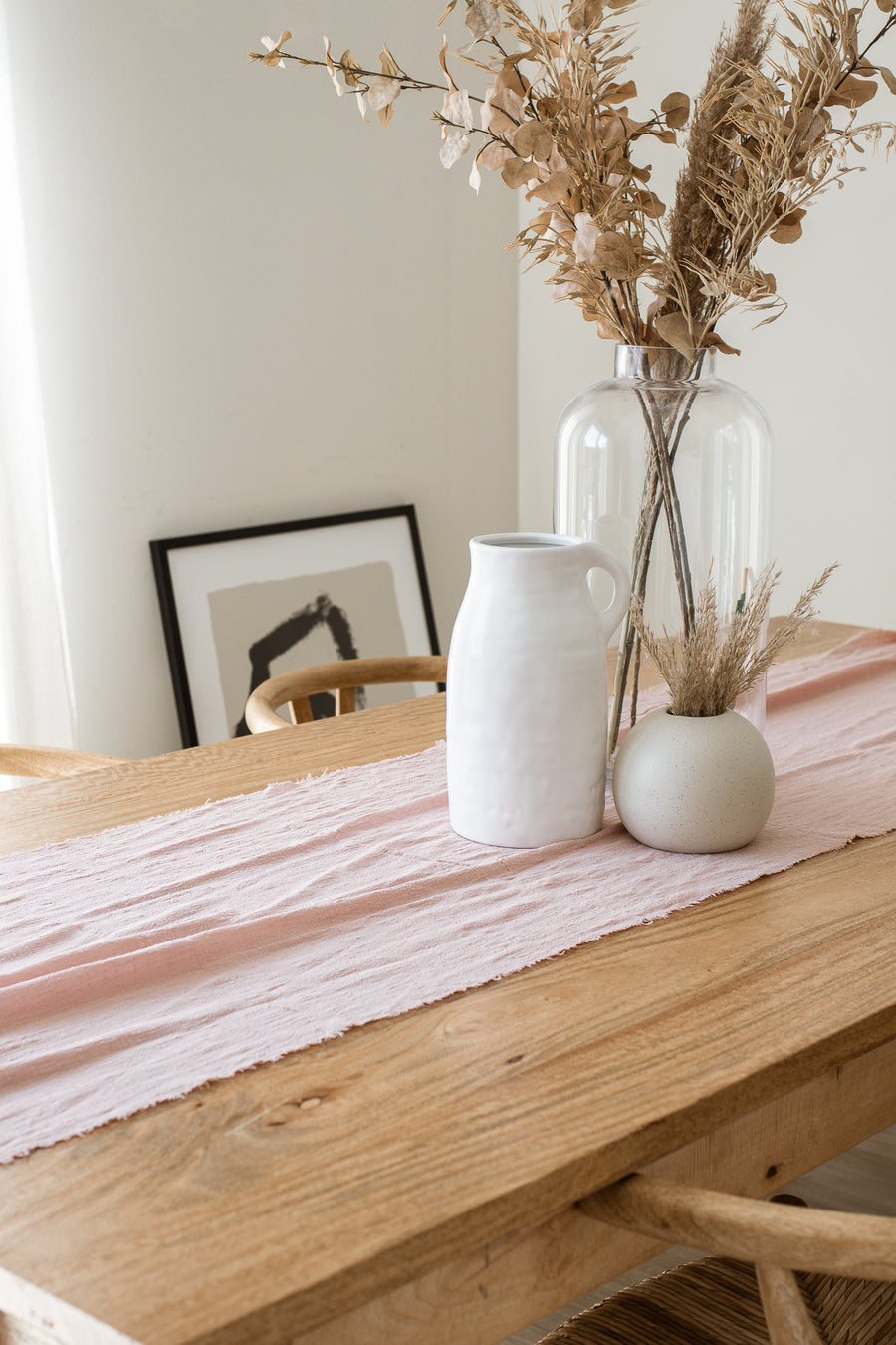 pink frayed table runner
